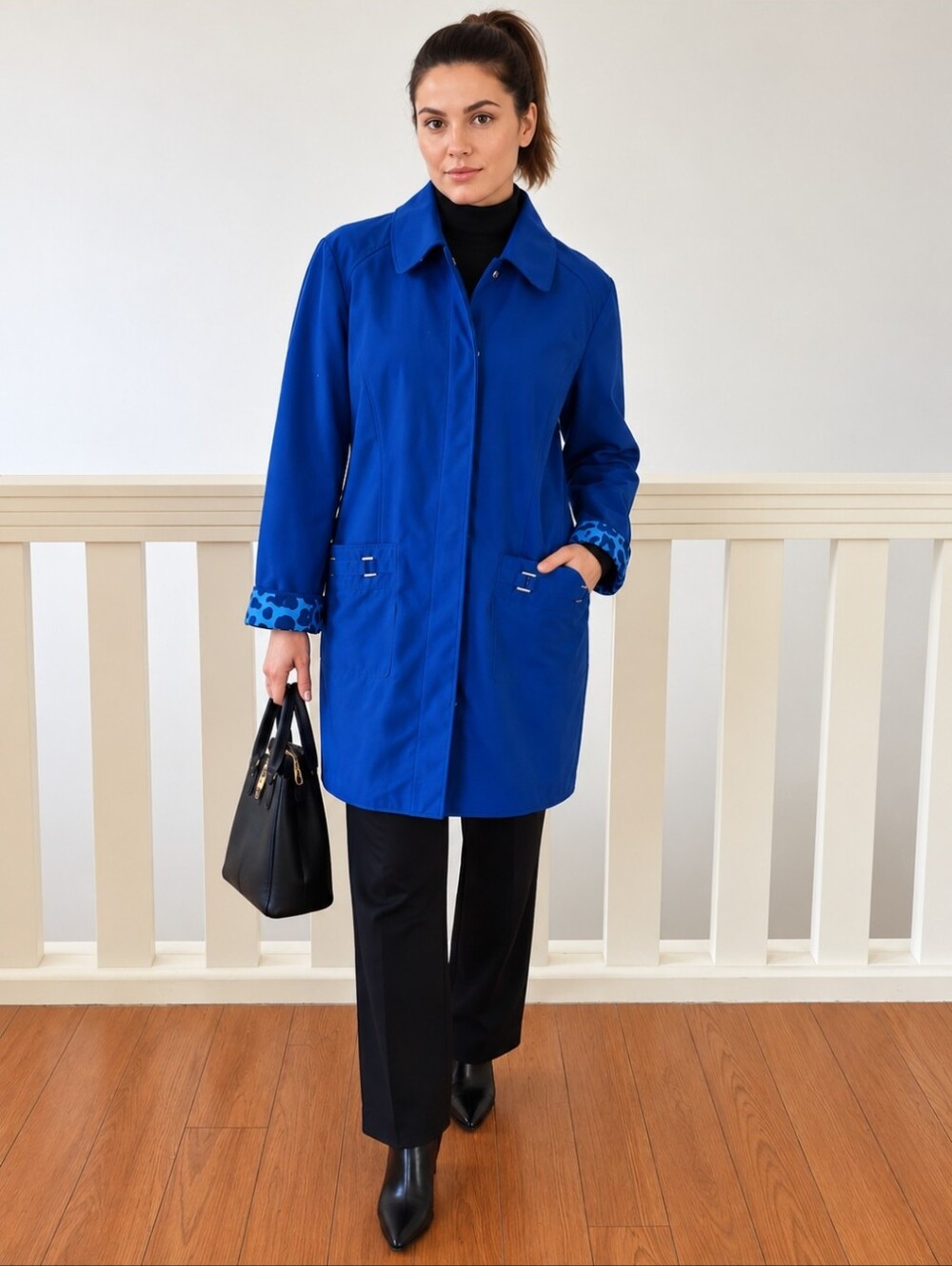 Guillaume Cobalt Blue Trench Coat with Animal Print Cuffs Mid-Length